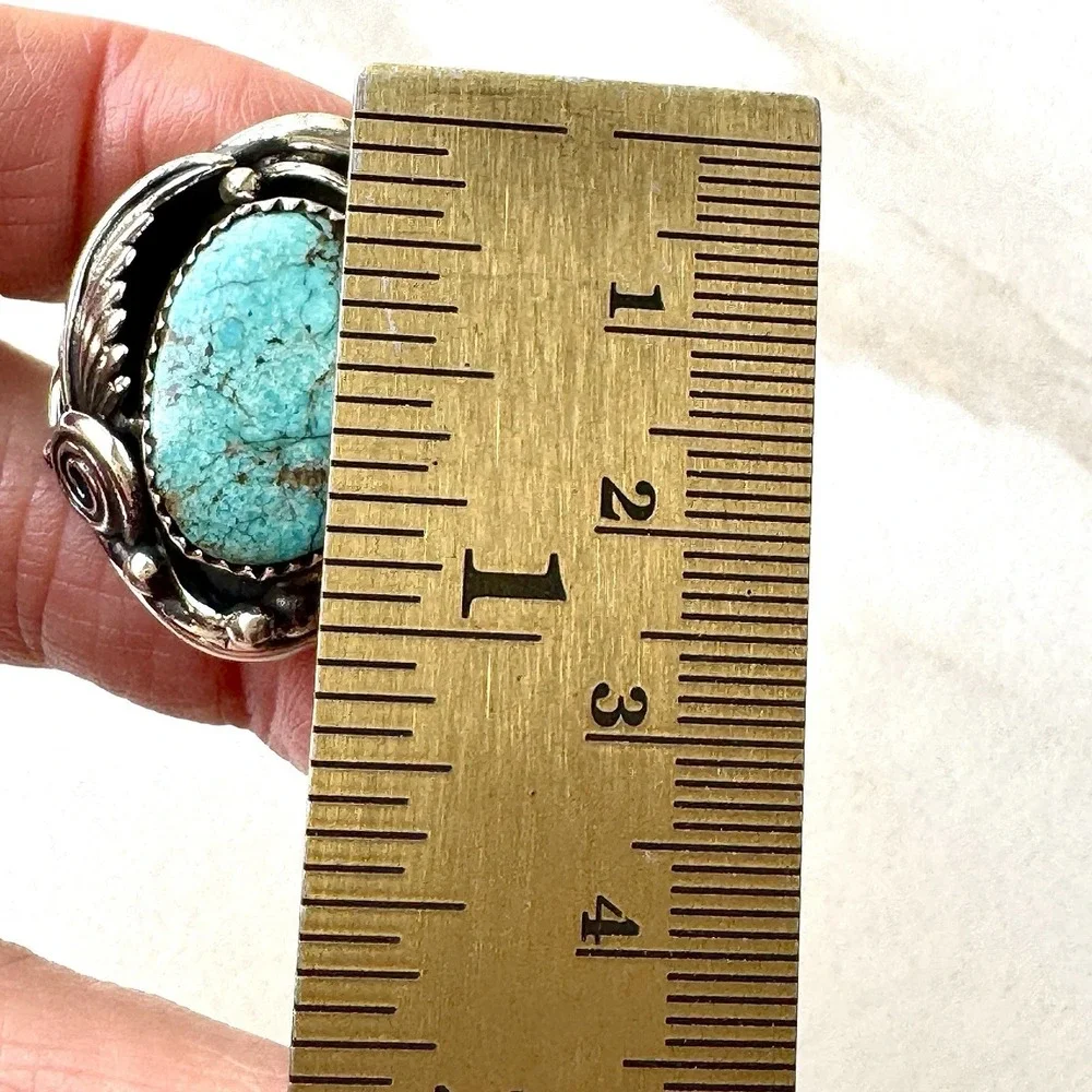 Navajo Turquoise Mens Ring Sz 12 Leaf Feather Signed Morgan Sterling Native